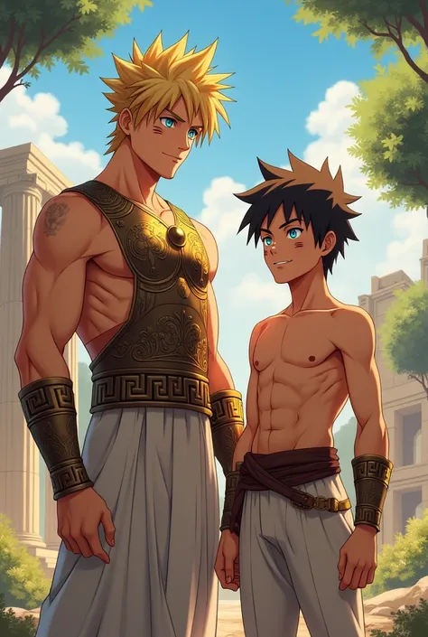 **"Depict Achilles and Patroclus as young Greek heroes in anime style, with Achilles being 20 years old and Patroclus 16. Achilles resembles Naruto Uzumaki, standing at 1.80 meters tall with spiky golden hair that flows freely and bright blue eyes filled w...