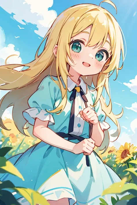 masterpiece, kind, kawaii, 1 , Alone, long blonde hair, blue-green eyes, smile, sunny, cloudy sky,