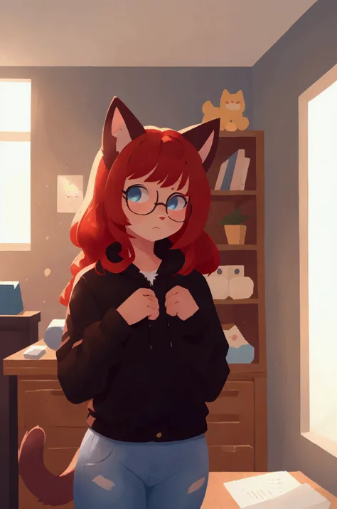 a redhead cat hybrid girl, cat tail, cat ears, big blue eyes, chaqueta negra de cuero, denim pants, glasses, in an apartment, with a desk behind her, spongy ears, fluffy fur, Red hair
