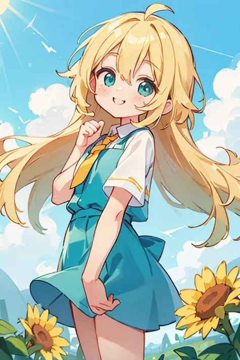 masterpiece, kind, kawaii, 1 , Alone, long blonde hair, blue-green eyes, smile, sunny, cloudy sky,