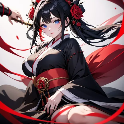 Perfect Anatomy、fantasy00d,A girl in a kimono stands holding a jet-black Japanese sword with a shining tsuba.、Original, unique and cute hairstyle、Blue Eyes、Black and red kimono、White splashes on a black background、Ultra HD、Ultra-fine detail、Ultra-fine kimo...