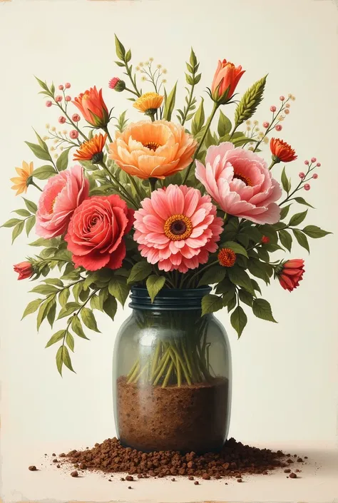 Oil painting for beginners jar with soil and voluminous flowers
