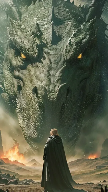 Man in black cloak standing next to a large dragon, massive Green Dragon!!!, There is a dragon in the background, Jormungand, Green Dragon, dragons face, Basilisk, Smaug, I saw a giant dragon, Fighting the Dragon, large Green Dragon, Huge dragon in the bac...