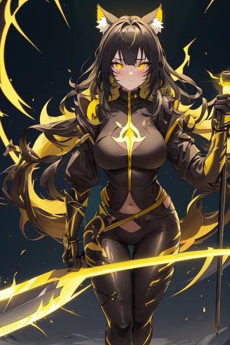 masterpiece, best quality, high quality, extremely detailed CG unity 8k wallpaper, beautiful and detailed, women, with glowing yellow lightning eyes, Black ears with glowing yellow lightning marks on the cat ears, big breast, curvy slim figure, big black c...