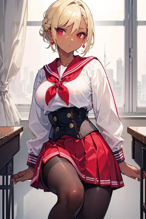 (masterpiece:1.2、Best Quality、masterpiece)、1 female、Alone、classroom、day、stand、blonde、(Hair slicked back:1.2)、short hair、Red eyes、(Sailor suit:1.4)、(Dark Skin Tone:1.4)、Big Breasts、pantyhose、corset、Hoop Earrings、、mini skirt、I&#39;m sweating a lot、ring choke...