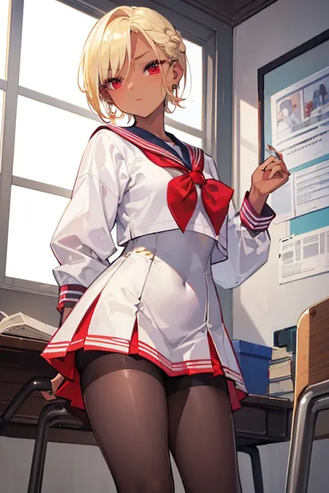 (masterpiece:1.2、Best Quality、masterpiece)、1 female、Alone、classroom、day、stand、blonde、(Hair slicked back:1.2)、short hair、Red eyes、(Sailor suit:1.4)、(Dark Skin Tone:1.4)、Big Breasts、pantyhose、corset、Hoop Earrings、、mini skirt、I&#39;m sweating a lot、ring choke...