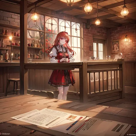 Young red-haired woman, Medieval Tales Tavern, Beautiful interior decoration，Colorful, Detailed intense sunrise lightning, Optimal Geometry, Award-winning masterpiece, Extremely complex shading and lighting, Optimal lighting, Best shadow, Complex and busy ...