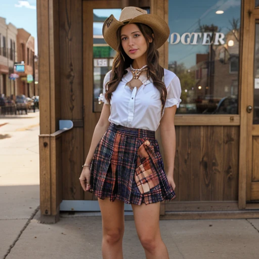  dressed as a cowgirl with a very short skirt in the middle of a midwestern town 