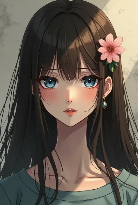 One girl, Long Hair, Look at, smile, blue eyes, Brown Hair, Simple Background, とてもLong Hair, Earrings, tongue, tears, Hair Flower, abstract, Ukiyo-e, Background blur, Going off the screen, Cut-in, Relationship diagram, Close your mouth, tears, Eyes are sym...