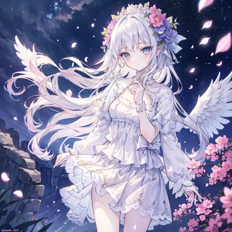 masterpiece, Best quality, 1 Girl, (Colorful),(Delicate and beautiful eyes and delicate face),cinematic Lighting,Chest close-up,Extremely detailed CG Unity 8K wallpaper,White hair,Solitary,Smile,Exquisite skirt,((Flying petals)),(Flowering meadow) Sky, par...