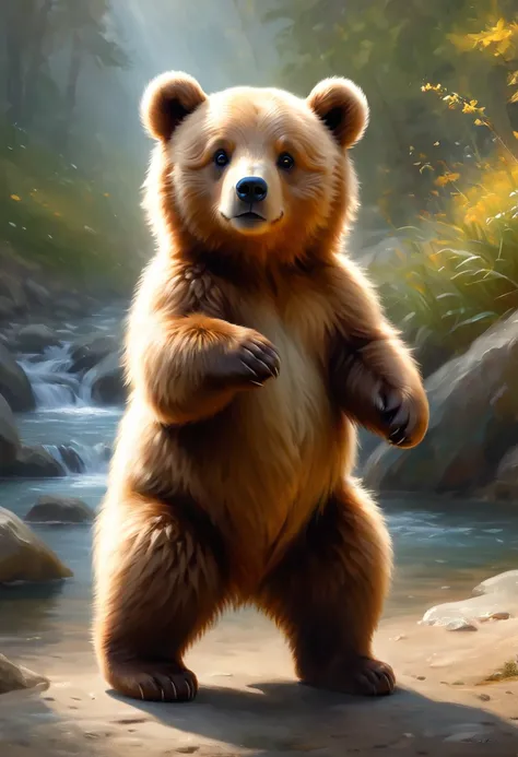 A cute bear greets the viewer, Pierre＝Art by Auguste Renoir and Jeremy Mann, (Viewpoint angle:1.2), Realistic, Ray Tracing, Beautiful lighting,masterpiece,National Geographic,Emphasis on realism,Blurred Background