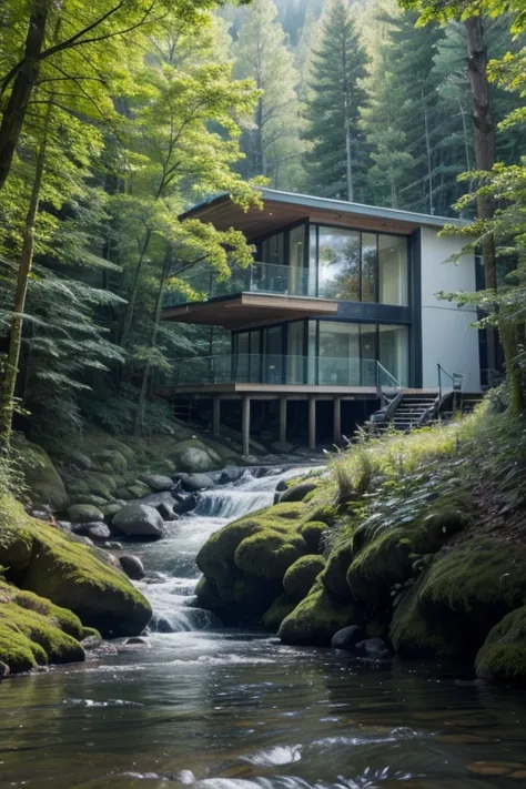 A modern building in a forest with a river running through
