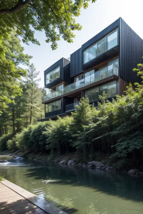 A modern residential building in a forest with a river running through
