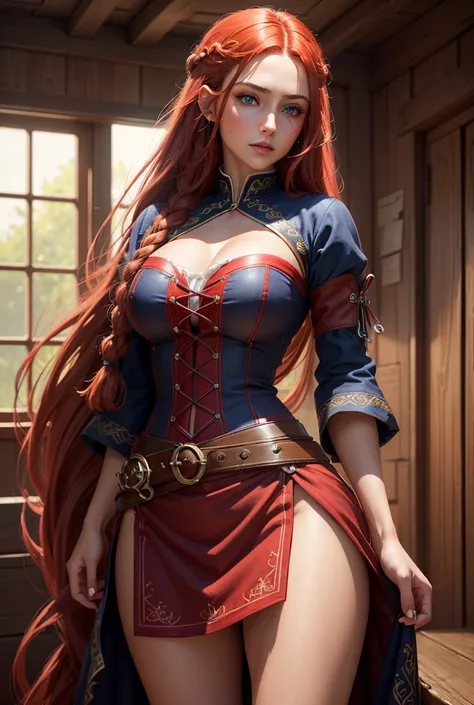 a beautiful girl with long red hair, blu eyes, wearing a red pirate outfit, large and prominent breasts, detailed intricate face, long braided hair, photorealistic, high quality, 8k, masterpiece, (best quality,4k,8k,highres,masterpiece:1.2),ultra-detailed,...