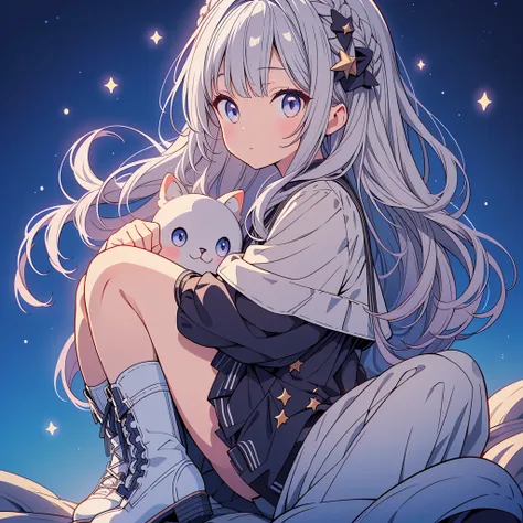 starの妖精、Full body Front portrait、Front、One girl,Best Quality、masterpiece、Official Art、Super detailed、Very beautiful、Cute starの妖精、Gray Hair、Straight long hair、milky way、universe、star charm、star、baby face、Knee-high boots、