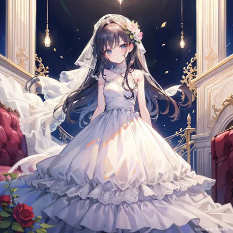 (Best quality, HD, masterpiece:1.2,), illustration, night, 1 Girl, whole body, (Wedding Dress), Arms behind back, Waiting for a kiss, Looking at the audience, Happy, blush,