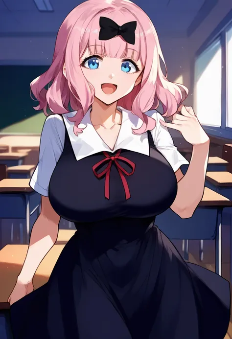 score_9, score_6_up, source_anime, 1girl, solo, classroom, cowboy shot, chika, blue eyes, pink hair, hair bow, black bow, black ...