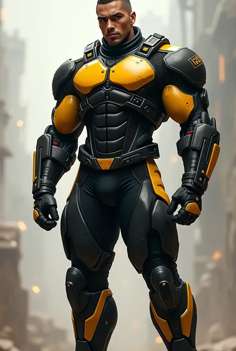 The soldier, inspired by Chris Brown, wears a uniform that resembles the iconic Saiyan outfit of *dragon ball z*. The set consists of a body armor fitted to the body, with wide and robust shoulders, further highlighting his broad, muscular shoulders. The a...