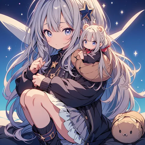 starの妖精、Full body Front portrait、Front、One girl,Best Quality、masterpiece、Official Art、Super detailed、Very beautiful、Cute starの妖精、Gray Hair、Straight long hair、milky way、universe、star charm、star、baby face、Knee-high boots、Giant stuffed teddy bear