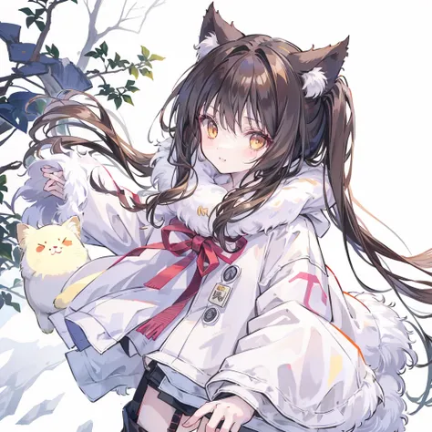 Osaki Amane, 1 Girl, have, gloves, Long hair, Solitary, White background, fur have, Smile, Brown hair, looking at viewer, Yellow eyes, Simple background, fur trim, Open your mouth, coat, blush, Winter Clothing, Weaving, white coat, v, long sleeves, Bangs, ...