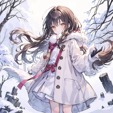 Osaki Amane, 1 Girl, have, gloves, Long hair, Solitary, White background, fur have, Smile, Brown hair, looking at viewer, Yellow eyes, Simple background, fur trim, Open your mouth, coat, blush, Winter Clothing, Weaving, white coat, v, long sleeves, Bangs, ...