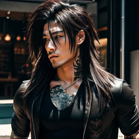 1 man, Japanese man, male, Asian eyes, muscular, broad shoulders, yakuza tattoos, hairstyle Visual Kei style, hair Visual Kei, black mens shirt and black pants, ultra detailed face, hyperrealistic, realistic representation, long hair, long hair, 30 years o...