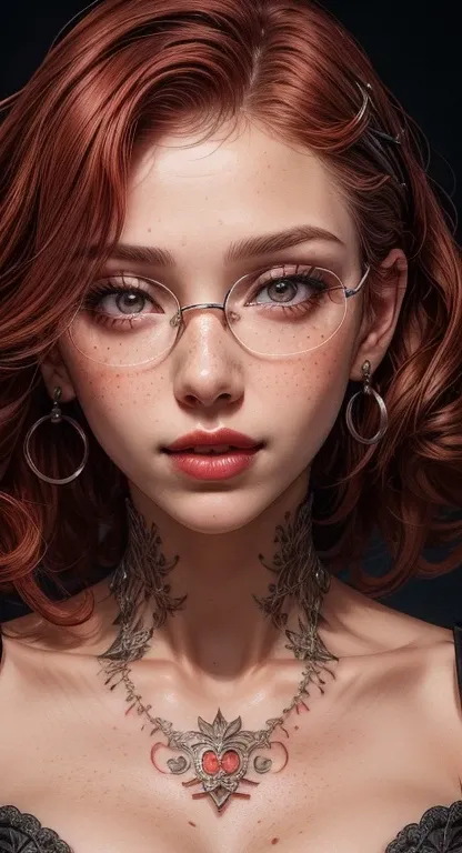 1close up of a girl ,short red curly hair, Grinning,with tattoos on the face, fleshy lips,freckles on the face ,red lipgloss stick,Piracy, earrings, glasses and makeup, Angle of the face up close