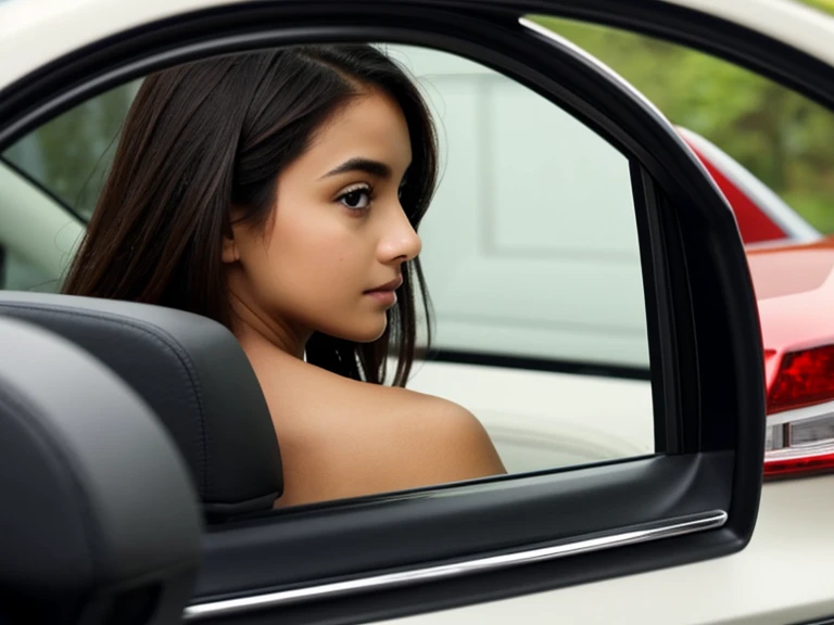 woman looking at herself in the rear view mirror of a car, view from behind mirror, inside mirror, viewed through the cars window, looking into a mirror, facing away from camera, looking in mirror, looking in a mirror, facing away from the camera, driving,...