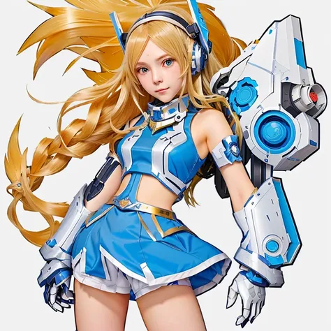 anime girl with long blonde hair and blue outfit holding a large weapon, mechanized valkyrie girl, guilty gear art style, girl in mecha cyber armor, anime manga robot!! anime girl, knights of zodiac girl, armor girl, hq artwork, maple story gun girl, anime...