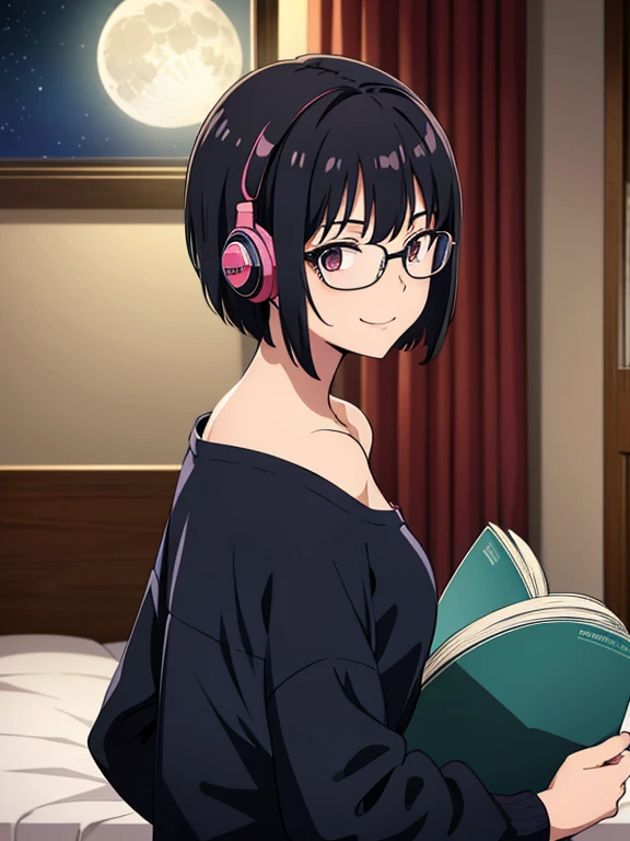 anime　One Girl　Black Hair　Glasses　focus　smile　Short Hair　night　A room with a beautiful moonlit window　The whole room from behind　Calm colored clothes　Reading a book on the bed in the corner of the room　Headphones　Beautiful room