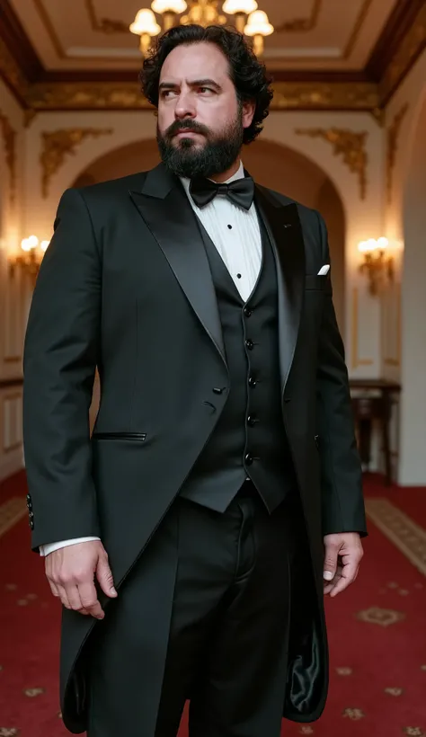 The white man, muscular, 3, with a defined beard, It is located in a setting inspired by Titanic, evoking the elegance of the early twentieth century. He wears an impeccable formal suit, with a classic cut black tuxedo, shiny satin lapels and a starched wh...