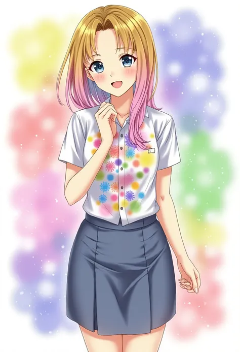 ((anime)), (masterpiece, best quality:1.2), 1girl, Alone, indonesian_high_school, doodle, rainbow hair, colorful background