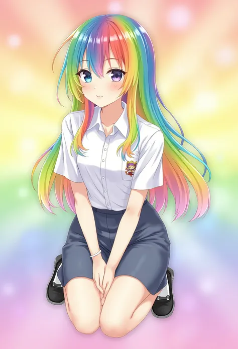 ((anime)), (masterpiece, best quality:1.2), 1girl, Alone, indonesian_high_school, doodle, rainbow hair, colorful background