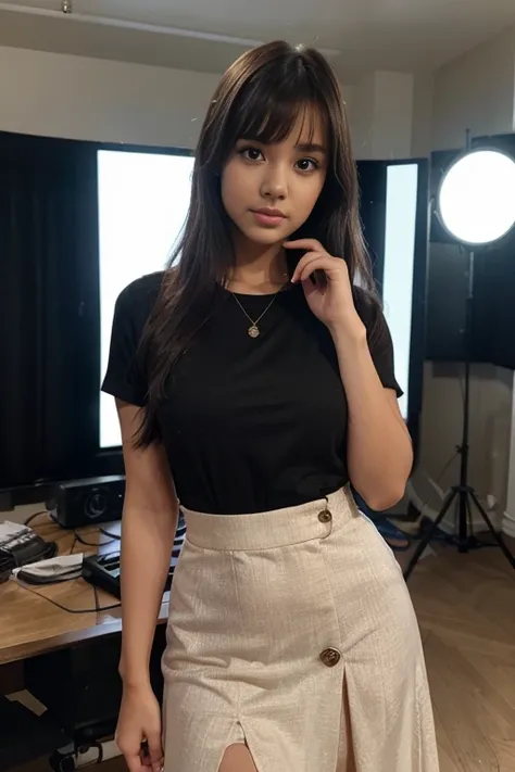 TV show,  a young beautiful Indonesian TV presenter, pretty georgeus face, attractive naughty girl, slim body, beautiful nate  wavy hairs with a bangs, about twenty eight years old, beautiful bright eyes, being standing  confidence  to talking at front of ...