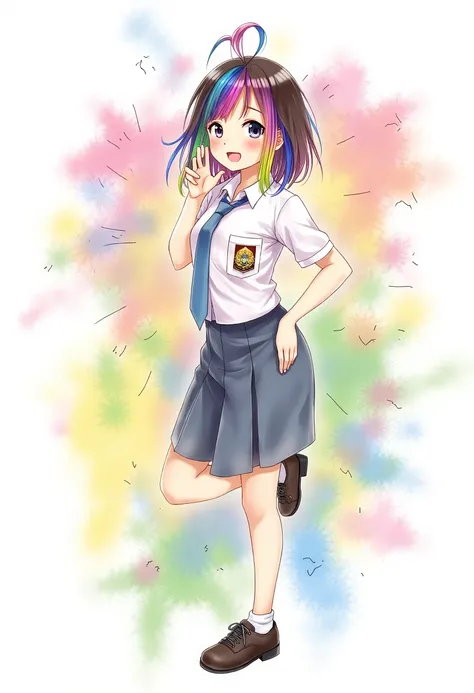 ((anime)), (masterpiece, best quality:1.2), 1girl, Alone, indonesian_high_school, tie, doodle, rainbow hair, colorful background