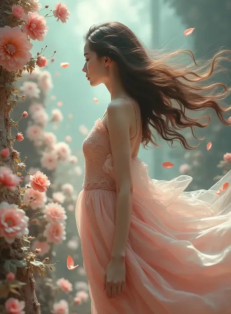 1girl,Petal skirt,A long dress hem resembling smoke,Petal pattern,long hair in the wind,Advanced sense,fashion, flowers floating,
still photography, looping video, mesmerizing movement, captivating visuals, seamless blend, engaging storytelling, Vorticism,...