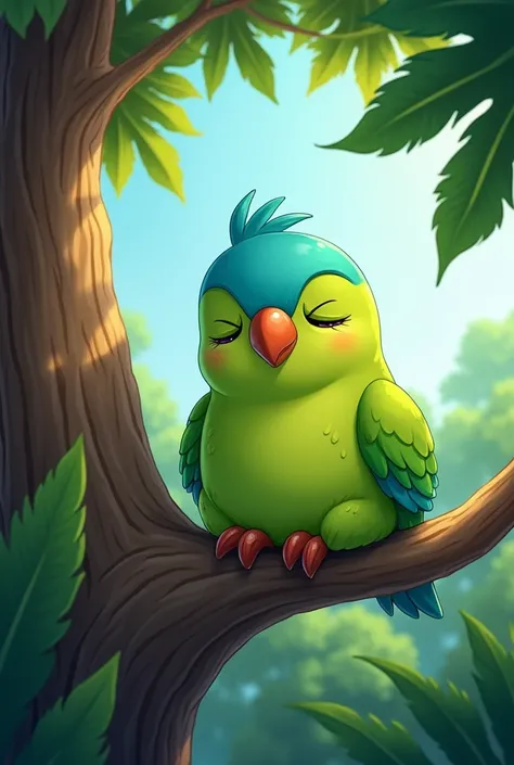 Cartoon of a green parrot with a blue head posing tired in a tree 