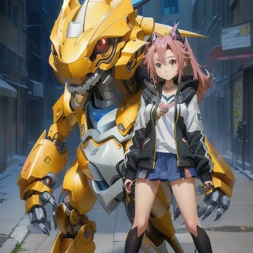 anime girl and dragon standing in front of a city street, digimon anime key art, digimon key art, digimon, mecha anime, with robot dragon head, anime monster girl, best anime 4k konachan wallpaper, modern mecha anime, glamorous angewoman digimon, symphogea...