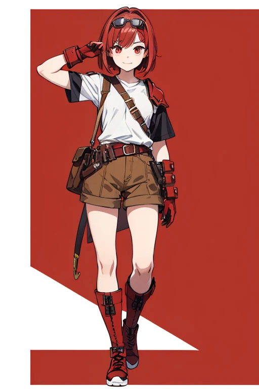 Anime Art、Full body portrait、Characters of the early modern period、Background blank、A female pilot standing upright, about 160cm tall, about 3, wearing a white short-sleeved T-shirt, brown hunting vest and brown shorts、Wears goggles on his forehead、She is ...