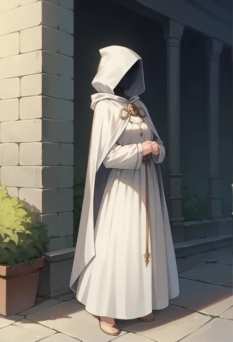 , 1girl, female, solo, long cape sleeves, sleeves covered hands, no hands, dress, cape covered body , cape, white cloak, hood up, white robe, mask covered face, hooded cloak, masterpiece, best quality, sidewalk , standing ,