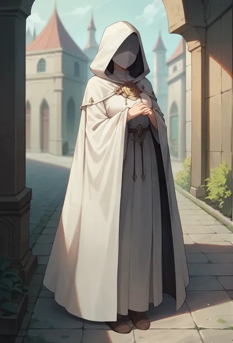 , 1girl, female, solo, long cape sleeves, sleeves covered hands, no hands, dress, cape covered body , cape, white cloak, hood up, white robe, mask covered face, hooded cloak, masterpiece, best quality, sidewalk , standing ,