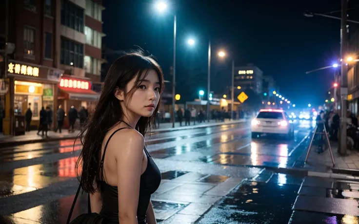 1 girl,獨自of,long hair,粗糙of皮膚,(looking at the audience:1.2),wet hair,micro_shorts,[Dark,Instant photos,(depth_of_site:1.5),Rainy Day,outdoor,street,A man is following her from behind,hair between eyes,喜怒無常of燈光,Tyndall effect,movie lighting,night,lamp post,l...