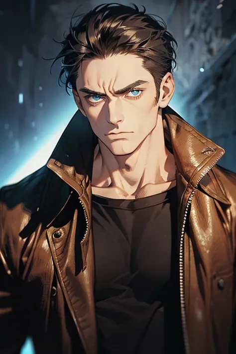 a mature muscular man, 3, short black hair, square jaw, blue eyes, glaring expression, imposing posture, wearing a leather jacket, against a dark background, cinematic lighting, Picasso and Van Gogh art style