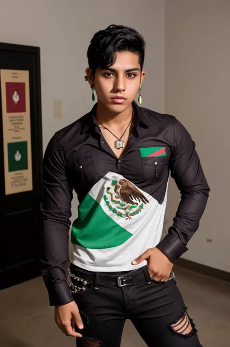 Mexican boy of 20 years old with black hair and long brown eyes dressed in a purple long-sleeved shirt with a print of the Mexican flag  , ripped black pants and black boots, with pierced ears necklace and marked at the university