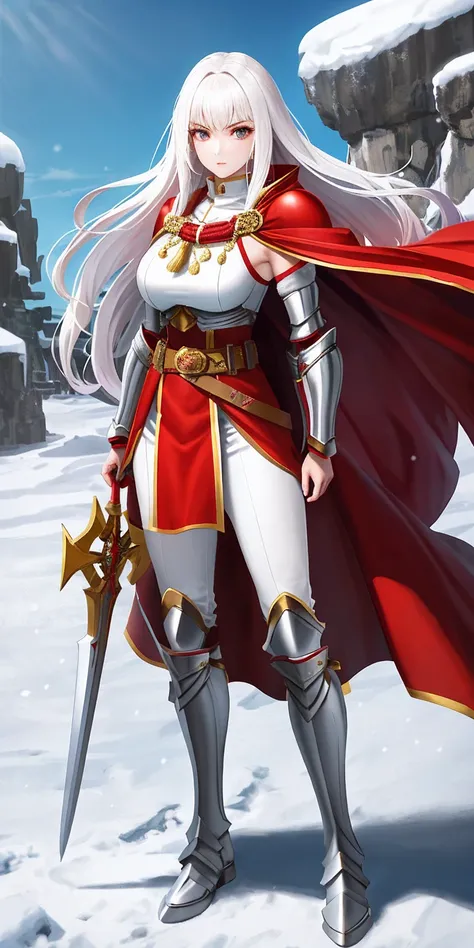 full body standing straight symmetrical, FEMALE warrior princess, big belt around waist, hair, very white skin like snow, wearing full heavy armor red cape, brown leather boots, adventurer outfit, veteran warrior MILF bimbo