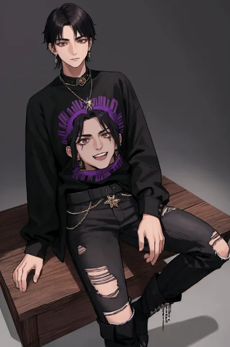 Mexican boy of 20 years old with black hair and long brown eyes dressed in a purple long-sleeved shirt with a print of the Mexican flag , ripped black pants and black boots, with pierced ears necklace and marked at the university