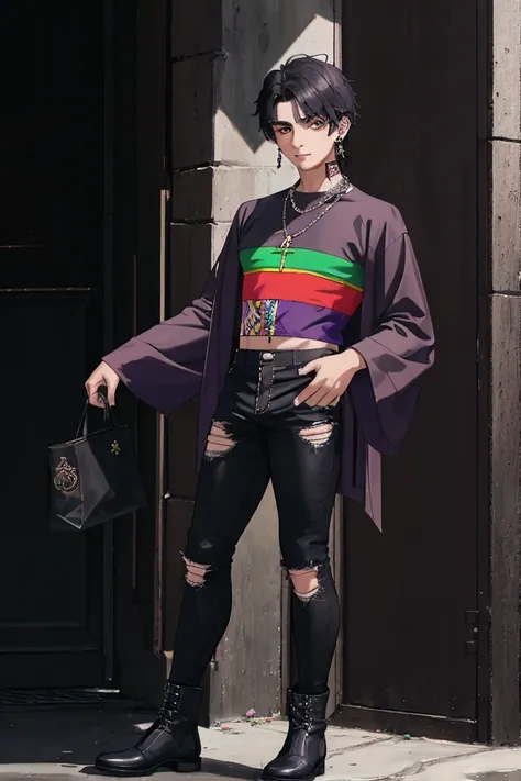 Mexican boy of 20 years old with black hair and long brown eyes dressed in a purple long-sleeved shirt with a print of the Mexican flag , ripped black pants and black boots, with pierced ears necklace and marked at the university