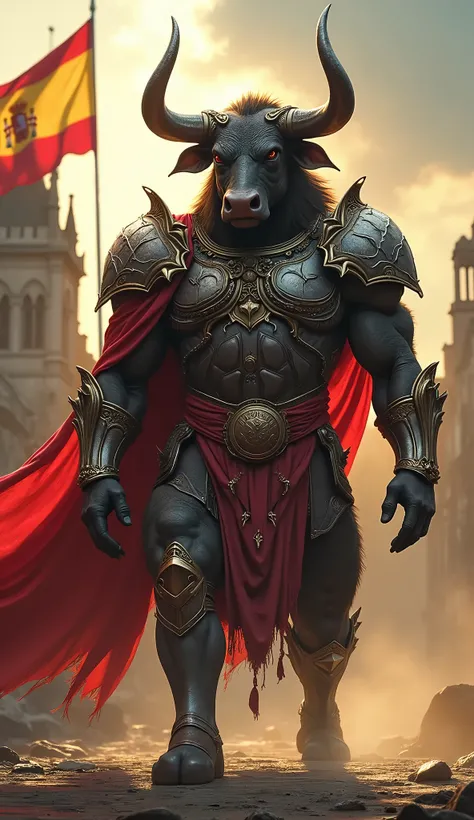 describe Spain with noble bull animal head and human body, epic and scary looking with cinematic style, colorful background, Spain flag and Spain Cathedral of Santiago de Compostela in the background