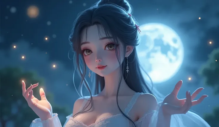 (8k Masterpiece：1.2），(Masterpieces：1.5 (Highly detailed)), (Movie Lighting，Bright，Clear focus(Exquisite photography style)), Firefly Midnight Moonlight Backlight，1 Asian ethereal beauty，Transparent Apron（No underwear），（Dark flaxen grey hair, Simple hair ac...