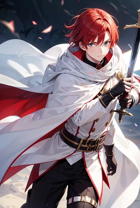 Red haired boy with a sword a white cape black  

 